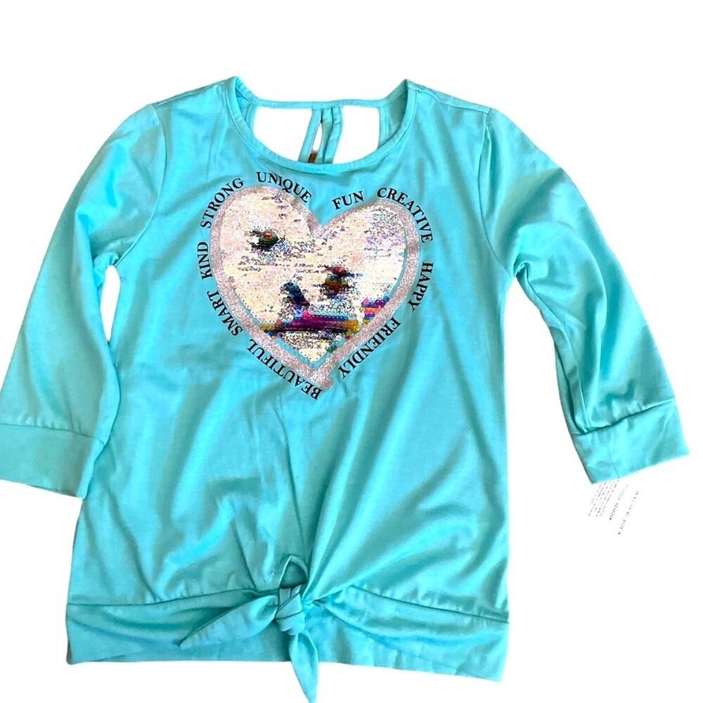 NWT Beautees Turquoise 3/4 Sleeve Tie Bottom Sequin Shirt Blouse Top Medium